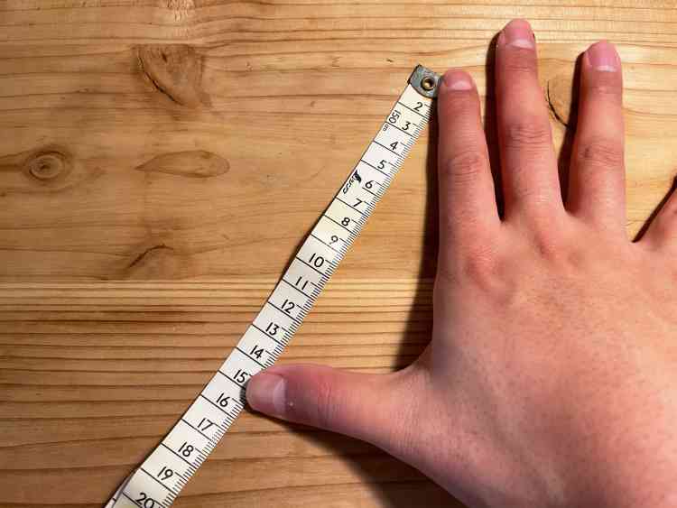 釣り用のメジャー。親指から人差し指までの長さが丁度15cmである事を表現している。