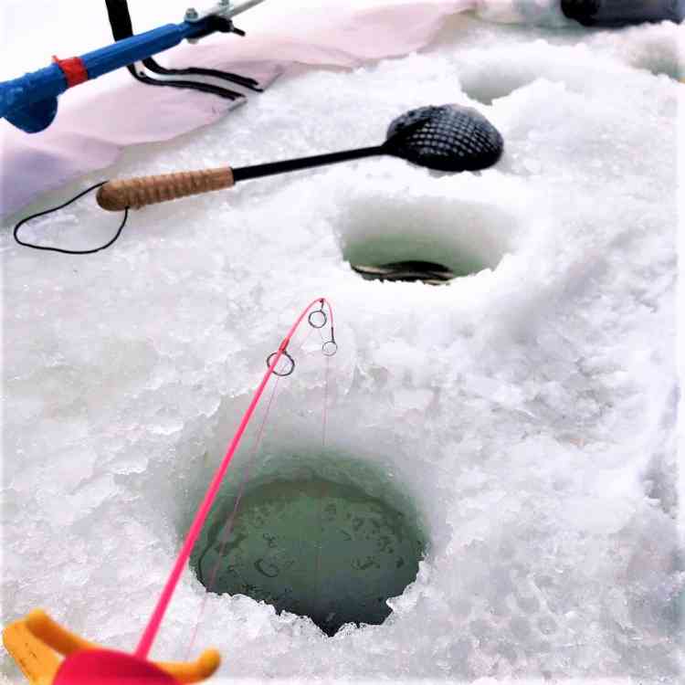 ワカサギ釣り氷上の穴
